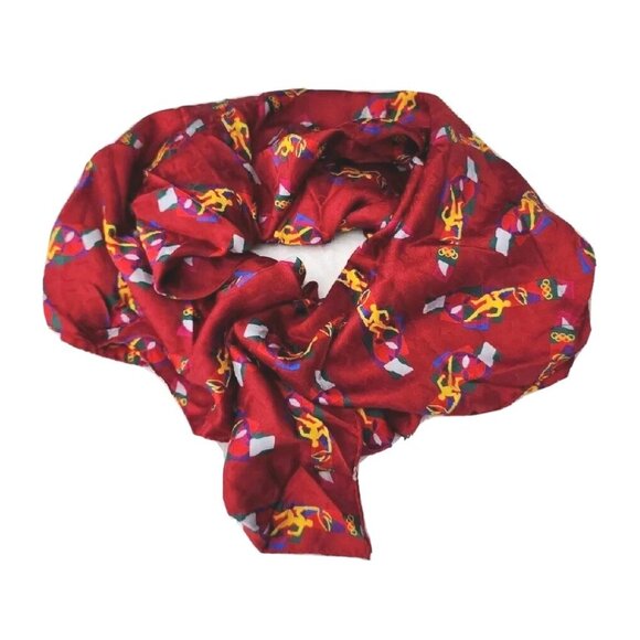 VTG Italy 100% Silk Burgundy Olympic Fire Running Man Print Rare MCM Scarf -EC - Picture 2 of 6